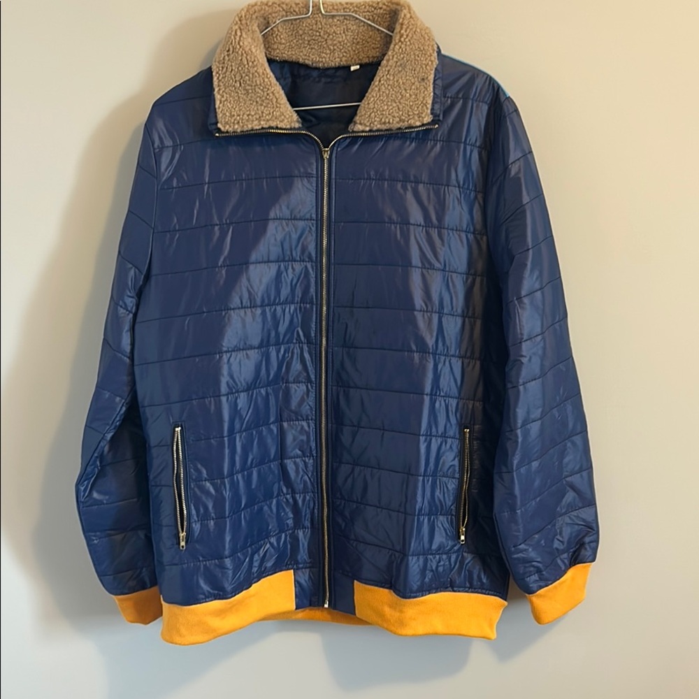 Trendy vintage inspired  Blue Quilted Jacket with Tan Collar